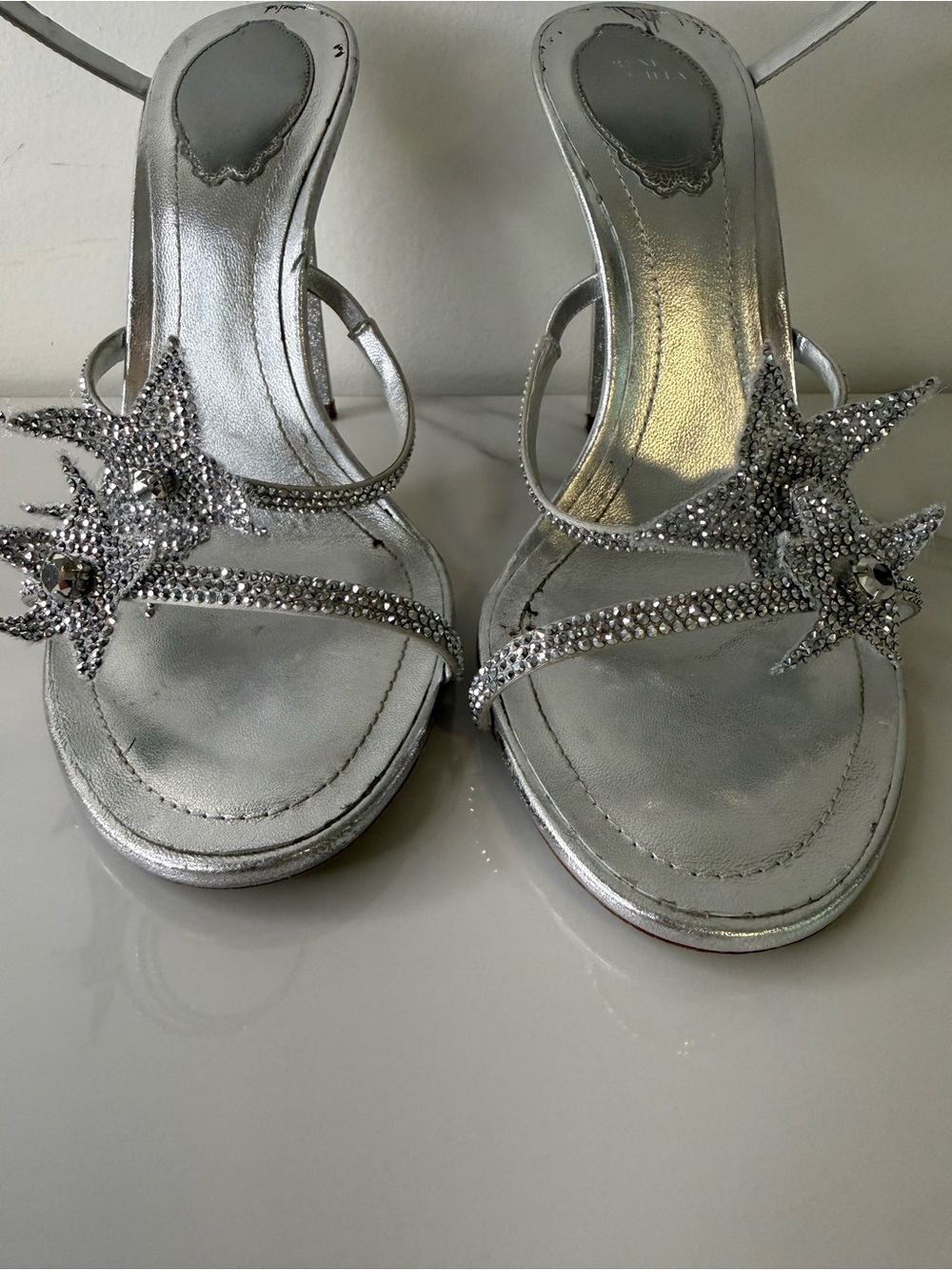 René Caovilla Cleo Star Silver Crystal Spiral Heels Sandals - Picture 5 of 13